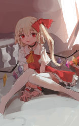 Rule 34 | 1girl, :d, absurdres, arm support, ascot, backlighting, black choker, blonde hair, blush, bow, choker, crystal, dutch angle, empty eyes, fang, flandre scarlet, frilled shirt collar, frills, hair between eyes, hair bow, highres, indoors, jewelry, knees together feet apart, long hair, looking at viewer, low wings, no headwear, no shoes, o-ring, o-ring choker, on floor, open mouth, own hands together, parted lips, pendant, pendant choker, petticoat, pointy ears, puffy short sleeves, puffy sleeves, railing, red bow, red eyes, red skirt, red vest, reddizen, shade, short sleeves, side ponytail, sitting, sketch, skirt, skirt set, slit pupils, smile, solo, sunlight, thighhighs, touhou, vest, white thighhighs, window, wing collar, wings, wrist cuffs, yellow ascot, zettai ryouiki