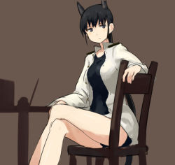 Rule 34 | 1girl, animal ears, black eyes, black hair, chair, crossed legs, jacket, kitagou fumika, long hair, one-piece swimsuit, open clothes, open jacket, ponytail, shibafu (glock23), sitting, solo, strike witches, strike witches zero, swimsuit, world witches series
