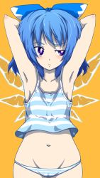 Rule 34 | 1girl, 3:, armpits, arms behind head, arms up, bikini, blue eyes, blue hair, bow, cameltoe, camisole, cirno, groin, hair bow, highres, lowleg, lowleg bikini, matching hair/eyes, navel, panties, paprika (artist), purple eyes, solo, striped clothes, striped panties, swimsuit, touhou, underwear, underwear only, wings