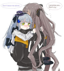 Rule 34 | 2girls, aged down, aoi (aoisaka), armband, baby carry, blue hair, blush, carrying, commentary request, crying, crying with eyes open, english text, girls&#039; frontline, green eyes, grey hair, hat, hk416 (black kitty&#039;s gift) (girls&#039; frontline), hk416 (girls&#039; frontline), long hair, mini hat, multiple girls, official alternate costume, sweatdrop, tears, twintails, ump45 (girls&#039; frontline), ump45 (mod3) (girls&#039; frontline)