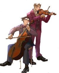 Rule 34 | 2boys, ace attorney, ascot, bad id, bad twitter id, black hair, bow, cello, formal, grey hair, highres, instrument, long sleeves, male focus, miles edgeworth, multiple boys, music, phoenix wright, playing instrument, sitting, standing, suit, turquoise mika, violin, white background