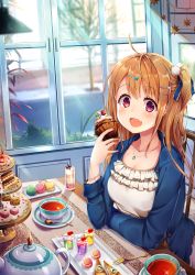 Rule 34 | 1girl, :d, absurdres, ahoge, airmisuzu, blue jacket, blue ribbon, blurry, blush, breasts, brown hair, cake, cat hair ornament, chair, collarbone, commentary request, cup, cupcake, day, depth of field, dress, fang, food, frilled dress, frills, fruit, gelatin, hair ornament, hair ribbon, hairclip, hand up, highres, holding, holding food, indoors, jacket, jewelry, long hair, long sleeves, looking at viewer, macaron, medium breasts, milkshake, nail polish, necklace, one side up, open clothes, open jacket, open mouth, original, pie, pie slice, plant, plate, pom pom (clothes), purple eyes, red nails, revision, ribbon, road, sidelocks, sidewalk, sitting, smile, solo, spoon, star (symbol), star hair ornament, strawberry, table, tareme, tea, teacup, teapot, tiered tray, tree, whipped cream, white dress, window