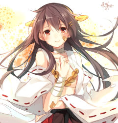 Rule 34 | 10s, 1girl, bandaid, bare shoulders, black hair, detached sleeves, hairband, haruna (kancolle), japanese clothes, kantai collection, long hair, looking at viewer, nontraditional miko, one-hour drawing challenge, partially undressed, personification, red eyes, ribbon-trimmed sleeves, ribbon trim, signature, smile, solo, thighhighs, toosaka asagi, torn clothes