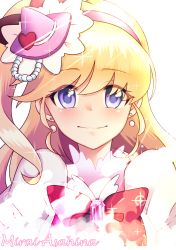 Rule 34 | 1girl, ap@meito, asahina mirai, blonde hair, bow, brooch, character name, cure miracle, earrings, hairband, half updo, hat, jewelry, long hair, looking at viewer, magical girl, mahou girls precure!, mini hat, mini witch hat, pink headwear, ponytail, precure, purple eyes, red bow, smile, solo, upper body, white background, witch hat