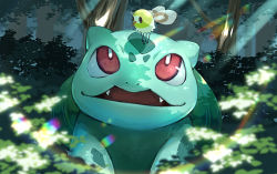 Rule 34 | blurry, bright pupils, bulbasaur, commentary request, creatures (company), cutiefly, day, fangs, forest, game freak, gen 1 pokemon, gen 7 pokemon, highres, light rays, nature, nintendo, no humans, on head, open mouth, outdoors, pokemon, pokemon (creature), pokemon on head, red eyes, smile, torokko, tree, white pupils