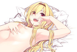 Rule 34 | 1girl, armpits, blonde hair, blush, grabbing another&#039;s breast, breasts, commentary request, fangs, grabbing, grabbing own breast, hairband, idolmaster, idolmaster cinderella girls, idolmaster cinderella girls starlight stage, kurosaki chitose, long hair, lying, medium breasts, nipples, nude, on back, open mouth, red eyes, smile, solo, sunaba suzume