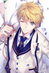 Rule 34 | 1boy, ;d, ahoge, arthur pendragon (fate), arthur pendragon (white rose) (fate), blonde hair, blue flower, blue necktie, bouquet, collared shirt, commentary request, fate/grand order, fate/prototype, fate/prototype: fragments of blue and silver, fate (series), flower, formal, green eyes, hair between eyes, highres, holding, holding bouquet, jacket, long sleeves, looking at viewer, male focus, necktie, official alternate costume, one eye closed, open mouth, petals, sasasaki, shirt, short hair, smile, solo, striped clothes, striped shirt, suit, teeth, tie clip, upper body, vertical-striped clothes, vertical-striped shirt, waistcoat, white jacket, white suit