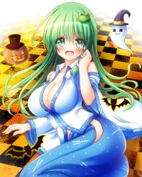 Rule 34 | 1girl, bare shoulders, blush, breasts, checkered floor, cleavage, commentary request, detached sleeves, frog hair ornament, ghost, green eyes, green hair, hair between eyes, hair ornament, hair spread out, hairclip, halloween, hat, highres, jack-o&#039;-lantern, japanese clothes, kochiya sanae, large breasts, long sleeves, looking at viewer, lying, miko, on floor, open mouth, osashin (osada), side slit, snake hair ornament, solo, tearing up, top hat, touhou, wide sleeves, witch hat, yukkuri shiteitte ne