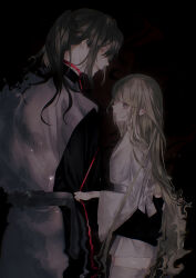 Rule 34 | 1boy, 1girl, absurdres, age difference, androgynous, bishounen, black shirt, blonde hair, collar, couple, cowboy shot, dark, dark background, dress, grey eyes, grey hair, grey vest, highres, holding, holding leash, leash, long hair, long sleeves, looking at viewer, looking back, msa (fary white), original, ponytail, profile, purple eyes, red collar, red pupils, shirt, slit pupils, smile, surreal, thighhighs, very long hair, vest, white dress, white thighhighs, wide sleeves