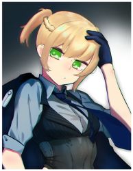 Rule 34 | 1girl, black gloves, blonde hair, blue necktie, braid, check commentary, collared shirt, commentary, commentary request, corset, girls&#039; frontline, gloves, green eyes, hachimori niki, hand on own head, highres, looking at viewer, necktie, shirt, short hair, solo, striped clothes, striped vest, twintails, upper body, vest, welrod mkii (girls&#039; frontline)