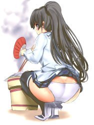Rule 34 | 10s, 1girl, ass, bad id, bad pixiv id, black hair, blue skirt, blunt bangs, bucket, cooking, crotch seam, dodai shouji, from behind, grill, grilling, hand fan, high heels, highres, huge ass, isokaze (kancolle), kantai collection, long hair, long sleeves, panties, paper fan, pleated skirt, ponytail, purple eyes, ribbon, shichirin, shirt, shoes, skirt, smoke, solo, squatting, uchiwa, underwear, very long hair, white footwear, white panties, white ribbon, white shirt