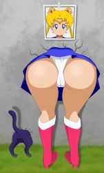Rule 34 | 1girl, a cat is fine too, anus, ass, bent over, bishoujo senshi sailor moon, black cat, blue skirt, boots, cameltoe, cat, cleft of venus, female focus, from behind, grass, head out of frame, highres, knee boots, kneepits, legs, leotard, lower body, luna (sailor moon), magical girl, panties, photo (object), pleated skirt, red footwear, sailor moon, skirt, stuck, tail, take your pick, thigh gap, thighs, through wall, tsukino usagi, underwear, upskirt, wall, white panties