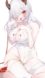 Rule 34 | 1girl, bad id, bad twitter id, bandaged arm, bandaged leg, bandages, bare arms, bare shoulders, blood, blood bag, blood in mouth, blood on breasts, breasts, choker, cleavage, groin, hair over one eye, highleg, highleg leotard, highres, hinamori (18ar0), horns, large breasts, leotard, licking, licking finger, long hair, looking at viewer, nail polish, open mouth, original, red eyes, red nails, simple background, single thighhigh, sitting, solo, thighhighs, tongue, tongue out, white background, white choker, white hair, white leotard, white thighhighs