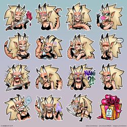 Rule 34 | ..., 1girl, angry, blonde hair, box, bra, braid, breasts, chibi, choker, claws, cleavage, dagger, expression chart, fangs, gift, gift box, giving up the ghost, highres, horns, knife, lizard tail, long hair, monster girl, multiple views, one-punch man, panties, raptora, reptile girl, scales, sword, tail, underwear, vedmisoni, weapon