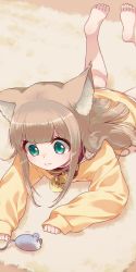 Rule 34 | 1girl, 40hara, :3, animal collar, animal ear fluff, animal ears, barefoot, blonde hair, blunt bangs, cat ears, collar, commentary request, green eyes, highres, kinako (40hara), long hair, lying, new year, on stomach, original, red collar, smile, solo, toy mouse