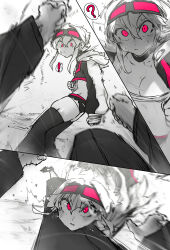 Rule 34 | !, 1boy, 1girl, ?, absurdres, bandaged hand, bandages, battle, black footwear, black shorts, black thighhighs, breasts, clenched hands, counter-attack, cropped jacket, fighting stance, goggles, goggles on head, greyscale, highres, kicking, light blush, long bangs, looking at viewer, medium breasts, monochrome, motion blur, motion lines, niwamaru (niwarhythm), niwarhythm, original, pink eyes, pink trim, pout, pov, punching, shorts, thick thighs, thighhighs, thighs