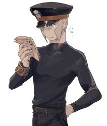 Rule 34 | 1boy, akamtvahosi, black hat, black shirt, bracelet, commentary request, creatures (company), game freak, grey eyes, grey hair, hand on own hip, hand up, hat, highres, holding, ingo (pokemon), jewelry, long sideburns, long sleeves, looking down, male focus, nintendo, peaked cap, pokemon, pokemon legends: arceus, reading, shirt, short hair, sideburns, simple background, solo, white background