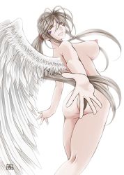 Rule 34 | 1girl, aa megami-sama, angel, angel wings, arched back, ass, backlighting, breasts, chiba shuusaku, closed eyes, female focus, nipples, nude, open mouth, reaching, reaching towards viewer, simple background, smile, solo, white background, wings