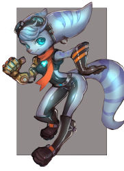 Rule 34 | 1girl, alien, animal ears, boots, breasts, dakusuta, furry, goggles, highres, mechanical arms, ratchet &amp; clank, ratchet &amp; clank: rift apart, rivet (ratchet &amp; clank), scarf, single mechanical arm, striped tail, tail, thigh boots, thighhighs