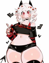 Rule 34 | 1girl, alternate costume, breasts, curvy, demon girl, helltaker, horn, large breasts, medium breasts, modeus (helltaker), navel, red eyes, short hair, solo, thick thighs, thighs, usa37107692, white hair, wide hips