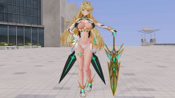 Rule 34 | 1girl, 3d, blonde hair, boots, breasts, concrete, custom maid 3d 2, elbow gloves, gloves, highres, holding, holding sword, holding weapon, large breasts, long hair, mythra (xenoblade), nintendo, panties, plant, shy, smile, standing, swept bangs, sword, thigh strap, tyrving, underwear, very long hair, weapon, window, xenoblade chronicles (series), xenoblade chronicles 2, yellow eyes