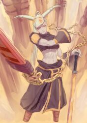 Rule 34 | 1girl, absurdres, baggy pants, black pants, breasts, chain, chinese commentary, colored skin, commentary request, crop top, crop top overhang, dead cells, detached sleeves, eyelashes, grey skin, highres, holding, holding chain, horns, mask, mask on head, medium breasts, midriff, navel, orange eyes, pants, solipsist, solo, sword, time keeper (dead cells), underboob, weapon, white hair
