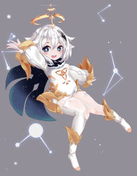 Rule 34 | 1girl, absurdres, blue eyes, blush, cape, dress, genshin impact, grey background, halo, highres, looking at viewer, nekodama2000, open mouth, paimon (genshin impact), scarf, short hair, white dress, white hair