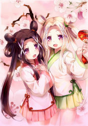 Rule 34 | 2girls, 54hao, :d, blush, branch, brown hair, chinese clothes, commentary request, flower, forehead, green skirt, hair ornament, hair rings, hand fan, hand up, hands on own chest, highres, holding, holding fan, long hair, long sleeves, looking at viewer, multiple girls, open mouth, original, own hands together, paper fan, parted bangs, pink skirt, purple eyes, red eyes, siblings, sisters, skirt, smile, twins, twintails, uchiwa, very long hair, white flower, wide sleeves, x hair ornament