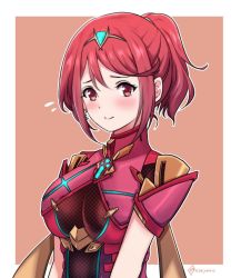 Rule 34 | 1girl, blush, breasts, earrings, fingerless gloves, gloves, highres, jewelry, large breasts, mochimochi (xseynao), nintendo, ponytail, pyra (xenoblade), red hair, red shorts, shorts, sidelocks, smile, solo, tiara, xenoblade chronicles (series), xenoblade chronicles 2, xenoblade chronicles (series), xenoblade chronicles 2