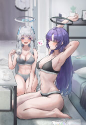 Rule 34 | 2girls, absurdres, armpits, bare legs, barefoot, black bra, black panties, blue archive, blush, bra, breasts, cleavage, commentary, cup, female pervert, ggz (gguzal 95), grey bra, grey hair, grey panties, halo, heart, highres, indoors, jacket, lanyard, large breasts, long hair, looking at another, multiple girls, navel, noa (blue archive), panties, pervert, photo (object), plant, potted plant, purple eyes, purple hair, saucer, seiza, sideways glance, sitting, skirt, smile, spilling, spoken heart, stomach, stretching, teacup, underwear, underwear only, unworn jacket, unworn skirt, very long hair, yuuka (blue archive)