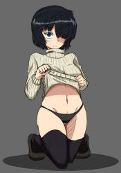 Rule 34 | 1girl, artist request, black panties, clothes lift, drawfag, female focus, hair over one eye, lifted by self, looking at viewer, midriff, navel, nazo no kanojo x, no pants, panties, shirt lift, solo, sweater, sweater lift, thighhighs, underwear, urabe mikoto