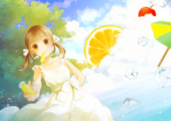 Rule 34 | 1girl, ahira yuzu, brown eyes, brown hair, cherry, day, dress, food, fruit, highres, ice, lemon, mouth hold, original, short hair, sky, smile, solo, tree, twintails, umbrella, water