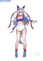 Rule 34 | 1girl, adapted costume, animal ears, apron, bandeau, blue bandeau, blue eyes, blue footwear, breasts, character name, commentary request, detached sleeves, ear covers, ear ornament, fingerless gloves, frills, full body, ge (zmq67911029), gloves, grey hair, hair between eyes, hair ornament, high heels, horse ears, horse girl, horse tail, juliet sleeves, long hair, long sleeves, maid, maid headdress, puffy sleeves, signature, small breasts, solo, standing, tail, tamamo cross (umamusume), umamusume, unconventional maid, v-shaped eyebrows, very long hair, white apron, white gloves