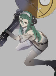 Rule 34 | 1girl, a.b.a, bags under eyes, bandages, bare shoulders, green eyes, green hair, green nails, guilty gear, guilty gear strive, hairband, highres, key in head, long hair, looking at viewer, makeup, object through head, official alternate hair length, official alternate hairstyle, pale skin, paracelsus (guilty gear), short sleeves, stitched mouth, stitches, udakyo, white hairband