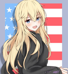 Rule 34 | 1girl, :d, abataa, absurdres, alternate costume, american flag, black sweater, blonde hair, blue eyes, blush, character name, commentary, dated, from side, hair between eyes, highres, iowa (kancolle), kantai collection, long hair, looking at viewer, looking to the side, open mouth, signature, smile, solo, star-shaped pupils, star (symbol), sweater, symbol-shaped pupils, upper body