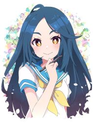 Rule 34 | 1girl, blue eyes, blue hair, blue sailor collar, borrowed character, closed mouth, copyright request, floral background, flower, highres, holding, holding pen, ixy, long hair, looking at viewer, pen, sailor collar, school uniform, serafuku, shirt, short sleeves, smile, solo, upper body, white background, white shirt, yellow eyes