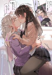 2girls arms_around_neck black_pantyhose black_skirt brown_eyes brown_hair chair classroom closed_eyes collared_shirt commentary_request desk earrings grey_hair hands_on_another&#039;s_waist highres hug indoors jewelry keita_(o4510_9chi9) kiss long_hair multiple_girls open_mouth original pantyhose pink_sweater plaid_clothes plaid_skirt pleated_skirt purple_eyes purple_sweater school_chair school_desk shirt sitting sitting_on_lap sitting_on_person skirt smile speech_bubble sweater translation_request white_shirt yuri