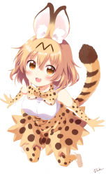 Rule 34 | 1girl, :d, absurdres, animal ear fluff, animal ears, bare shoulders, blonde hair, blush, bow, bowtie, breasts, commentary request, elbow gloves, extra ears, full body, gloves, hair between eyes, high-waist skirt, highres, kemono friends, large breasts, looking at viewer, medium hair, open mouth, print bow, print bowtie, print gloves, print neckwear, print skirt, serval (kemono friends), serval print, serval tail, shirt, shirt tucked in, shoes, signature, simple background, skirt, sleeveless, sleeveless shirt, smile, solo, striped tail, tail, thighhighs, traditional bowtie, usagi koushaku, white background, white footwear, white shirt, yellow bow, yellow bowtie, yellow eyes, yellow gloves, yellow skirt, yellow thighhighs