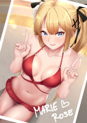 Rule 34 | 1girl, bare shoulders, bikini, black ribbon, blonde hair, blue eyes, blush, breasts, character name, dead or alive, dead or alive 5, dearonnus, hair ornament, hair ribbon, index fingers raised, long hair, looking at viewer, marie rose, navel, open mouth, red bikini, ribbon, small breasts, smile, solo, swimsuit, thighs, twintails, x hair ornament