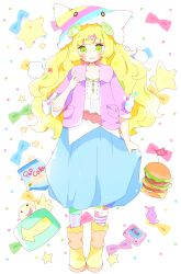 Rule 34 | 1girl, absurdres, animal ears, animal hat, arrow (symbol), bad id, bad pixiv id, blonde hair, blue skirt, blunt bangs, blush, boots, bow, burger, candy wrapper, cassette tape, cat ears, cat hat, collarbone, commentary, fake animal ears, food, full body, green eyes, green hair, grin, hair ornament, hairclip, hand up, hat, head tilt, highres, jacket, long hair, looking at viewer, multicolored clothes, multicolored hair, multicolored legwear, multicolored polka dots, open clothes, open jacket, original, pantyhose, pink jacket, polka dot, polka dot background, polka dot bow, popcorn, revision, shirt, short sleeves, skirt, skirt hold, smile, solo, standing, star (symbol), streaked hair, symbol-only commentary, tsukiyo (skymint), very long hair, white background, white bow, white shirt, yellow footwear
