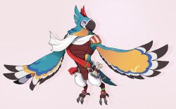 Rule 34 | 1boy, animal feet, anklet, arijuno, artist name, beak, belt, bird boy, bird legs, bird tail, blue fur, blush stickers, body fur, claws, drop shadow, feather hair ornament, feathers, full body, furry, furry male, hair ornament, jewelry, kass, looking at viewer, male focus, multicolored fur, open mouth, outstretched arms, paper, pink background, red feathers, rito, scarf, scroll, sheet music, signature, simple background, solo, spread arms, tail, the legend of zelda, the legend of zelda: breath of the wild, twitter username, white fur, white scarf, winged arms, wings, yellow eyes, yellow fur