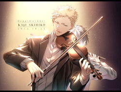 Rule 34 | 2boys, black coat, black suit, blonde hair, coat, collared coat, collared shirt, ear piercing, facing away, formal, given, happy birthday, highres, holding, holding instrument, holding violin, instrument, kaji akihiko, light particles, long sleeves, male focus, mouth piercing, multiple boys, murata ugetsu, music, piercing, pinoli (pinoli66), playing instrument, shirt, solo focus, suit, upper body, violin, white shirt