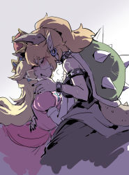 Rule 34 | 2girls, arm around waist, armlet, bare shoulders, black dress, black nails, blonde hair, blush, borrowed design, bowsette, bracelet, breasts, collar, commentary request, crown, dress, earrings, closed eyes, french kiss, from side, highres, holding person, horns, jewelry, kiss, large breasts, mario (series), multiple girls, nail polish, nejikyuu, new super mario bros. u deluxe, nintendo, pink dress, pointy ears, ponytail, princess peach, puffy short sleeves, puffy sleeves, saliva, saliva trail, short sleeves, spiked bracelet, spiked collar, spikes, strapless, strapless dress, super crown, sweat, tail, turtle shell, yuri
