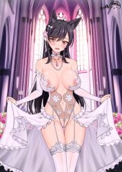 Rule 34 | 1girl, animal ears, areola slip, atago (azur lane), azur lane, bare shoulders, black hair, blush, breasts, bride, choker, church, commission, cowboy shot, crotchless, earrings, elbow gloves, flower, fox ears, frilled skirt, frills, garter straps, gem, gloves, hair flower, hair ornament, hairband, heart, heart earrings, highres, jewelry, large breasts, leotard, nail polish, navel, necklace, partially visible vulva, pearl necklace, pearl thong, ppshex, revealing clothes, rose, showgirl skirt, skirt, skirt hold, solo, strapless, strapless leotard, yellow eyes