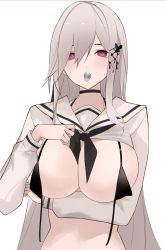 Rule 34 | 1girl, arm under breasts, azur lane, bad id, bad twitter id, black bra, bra, breasts, candy, choker, cleavage, clothes lift, dunkerque (azur lane), food, front-tie bra, grey hair, hair ornament, hair over one eye, highres, large breasts, long hair, long sleeves, looking at viewer, mouth hold, open bra, rrr ato, shirt, shirt lift, sidelocks, simple background, solo, tongue, tongue out, underwear, white background, white shirt