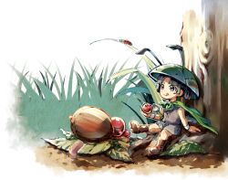 Rule 34 | 1boy, acorn, against tree, berry, black hair, boots, brown footwear, bug, cape, dirt, earthworm, food, grass, green cape, helmet, holding, holding food, husagin, insect, issun, japanese clothes, ladybug, leaf, licking lips, male focus, mini person, miniboy, ookami (game), paintbrush, short hair, sitting, solo, thick eyebrows, tongue, tongue out, tree, white wristband