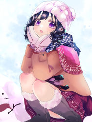 Rule 34 | 1girl, atto silia, beanie, black hair, blue scarf, boots, brown jacket, capelet, commentary request, fang, fukumaru koito, fur-trimmed boots, fur trim, hat, highres, houndstooth, idolmaster, idolmaster shiny colors, jacket, knee boots, looking at viewer, miniskirt, mittens, pleated skirt, purple eyes, red skirt, scarf, skin fang, skirt, snowman, solo, squatting