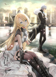 Rule 34 | 1boy, 1girl, arm support, black footwear, black gloves, black jacket, black pants, blonde hair, blue eyes, blush, boots, bow, breasts, bridge, brown thighhighs, building, cleavage, code: dragon blood, crossed arms, dress, elbow gloves, fur-trimmed jacket, fur trim, gloves, glowing, highres, jacket, knee boots, lloule, long hair, long sleeves, looking at viewer, medium breasts, outdoors, pants, parted lips, profile, red eyes, shoes, short sleeves, silver hair, sitting, skyscraper, standing, sunset, thighhighs, thighhighs under boots, very long hair, water, white bow, white dress