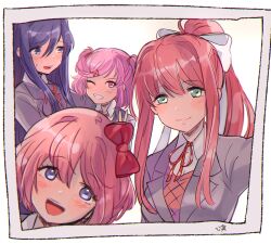 Rule 34 | 4girls, :d, arm around shoulder, artist name, averting eyes, blazer, blush, border, bow, bowtie, brown hair, brown sweater vest, close-up, closed mouth, commentary, doki doki literature club, green eyes, grey jacket, grin, hair bow, hair ornament, hair ribbon, hand up, head tilt, highres, jacket, kokomi (aniesuakkaman), light smile, long hair, looking ahead, looking at viewer, monika (doki doki literature club), multiple girls, natsuki (doki doki literature club), neck ribbon, one eye closed, open mouth, photo (object), pink eyes, pink hair, ponytail, portrait, purple eyes, purple hair, red bow, red bowtie, red ribbon, ribbon, sayori (doki doki literature club), school uniform, selfie, shirt, short hair, sidelocks, signature, simple background, smile, sweatdrop, sweater vest, teeth, two side up, upper teeth only, v, very long hair, white background, white border, white bow, white ribbon, white shirt, x hair ornament, yuri (doki doki literature club)