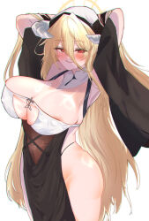 absurdres areola_slip arms_behind_head azur_lane blonde_hair breast_cutout breasts cleavage cleavage_cutout clothing_cutout covered_navel fake_horns habit hair_between_eyes halo highres horns huge_breasts implacable_(azur_lane) long_bangs long_hair_between_eyes looking_at_viewer nun pelvic_curtain revealing_clothes smile two-tone_dress user_srrz5544 veil white_background white_horns